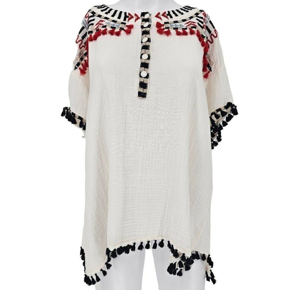 Johnny Was Biya Ramar Peasant Boho Tassel Oversized Top White S